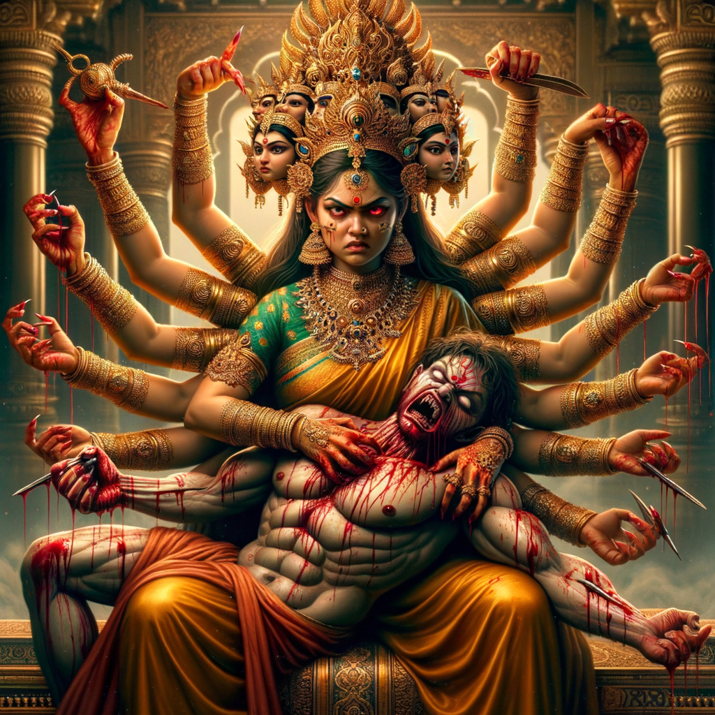 portrait of angry looking, four-armed indian goddess  sitting on a gold crown and carrying a weak mahishasur on her lap and poking his abdomen with her amazingly long red fingernails . She is wearing gold armor, a huge gold crown, gold saree, abundant  gold jewelry, covered in blood. The scene is set in ancient India. The image is 8K resolution, cinematic, photography, ultra detailed face and epic.