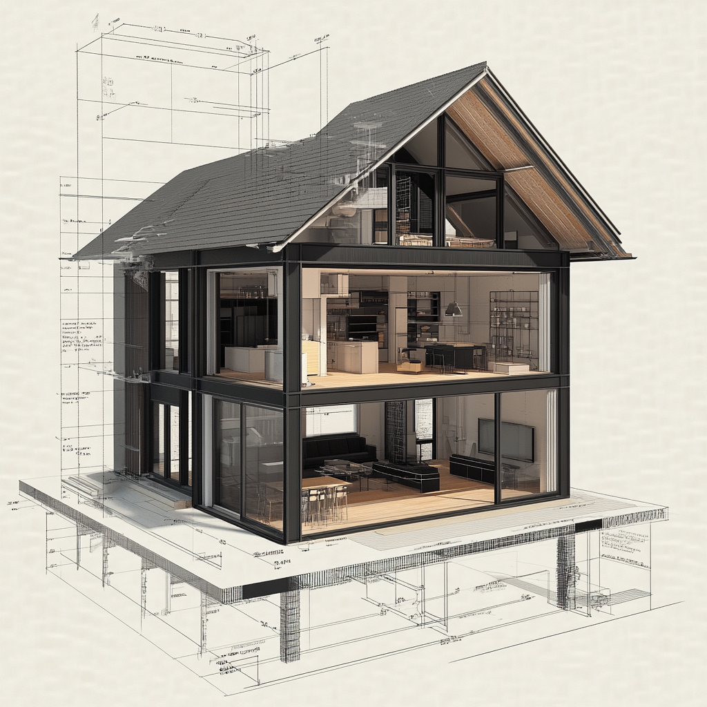 A detailed specification sheet for a 3D house with callouts and dimensions, highly technical