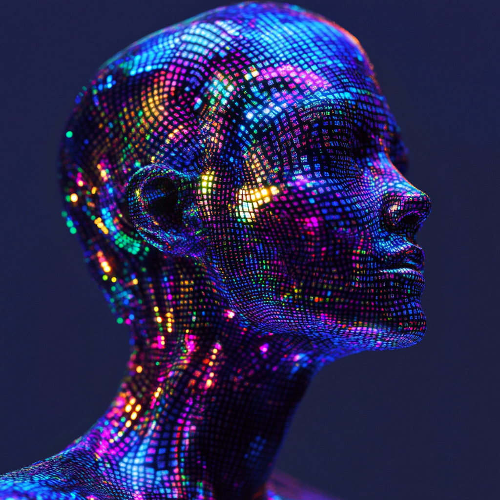 Waves of shimmering data cascade from a sleek, metallic figure, its neural pathways glowing with intricate patterns. This avant-garde sci-fi portrait captures a post-modern neural network in a high fashion photograph, showcasing the fusion of technology and art. The subject's opalescent surface reflects the digital world's vibrancy, with electric hues blending into a mesmerizing display of light and shadow. Each pixel is rendered with meticulous detail, creating a visual feast for the eyes that exudes sophistication and innovation.