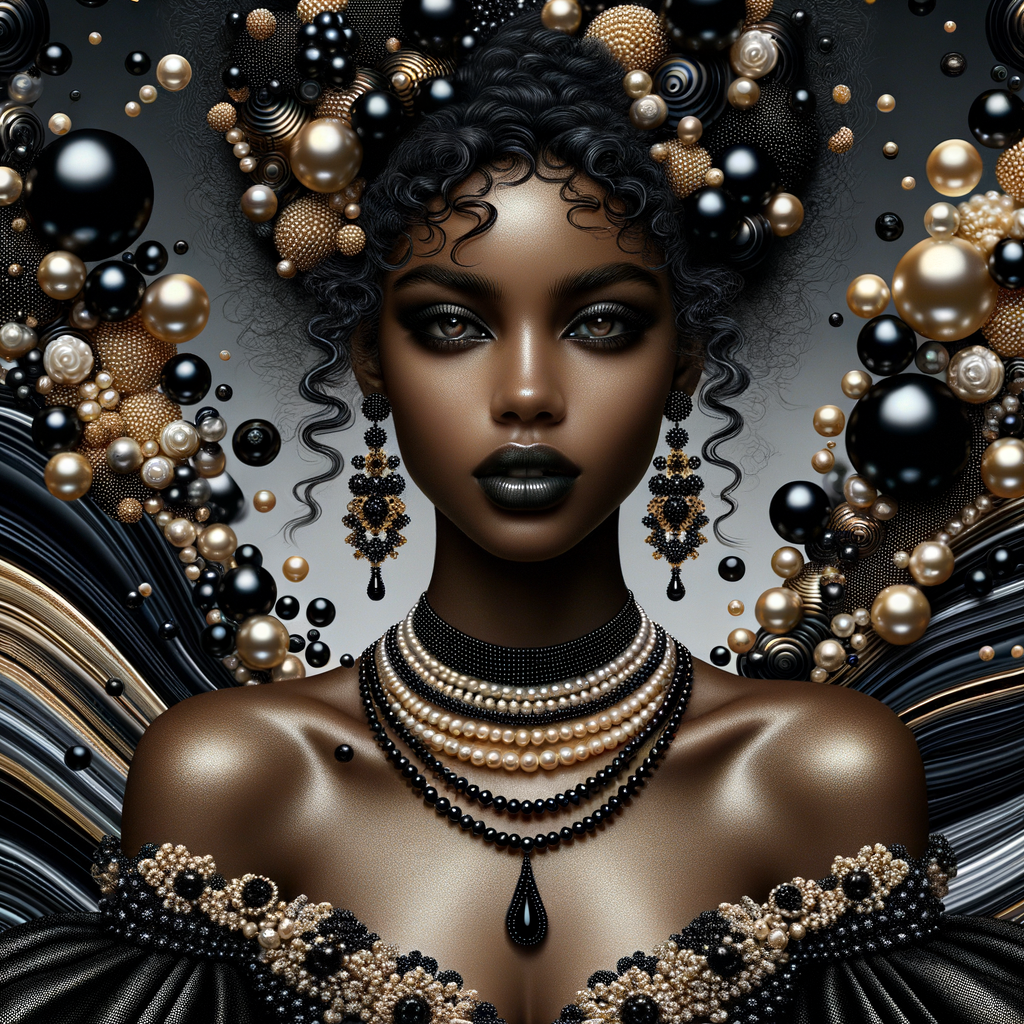 Imagine a digital portrait of a light skinned African-American Latino regal woman named KAREN Her attire and accessories are exclusively adorned with black and gold pearls. They grace her voluminous hair, styled in an elegant updo, where the black pearls form the roots and the gold pearls create the stunning curls. Her ears boast chandelier earrings, with black pearls clustered at the top, transitioning to gold pearls that dangle with delicate grace. Around her neck, a tiered necklace cascades with strands of alternating black and gold pearls, reflecting a sophisticated contrast.

Her shoulders are draped with a luxurious off-shoulder gown, the fabric's weave incorporating intricate patterns formed by black and gold pearls. The gown's texture has a subtle sheen, suggesting a high-quality material with a pearlescent finish. As a centerpiece, a grand brooch sits at her collar, with a large gold pearl surrounded by an elaborate design of smaller black pearls.

The background of the portrait features an abstract composition of floating pearls, swirling in a dance of shadows and light, emphasizing the color theme of black and gold. The name "KAREN" is discreetly integrated into the lower right corner of the artwork, blending seamlessly with the design, as if it were a signature part of the jewelry ensemble. The overall effect is one of timeless elegance, a blend of modern design and classic beauty, all tied together by the luxurious palette of black and gold.