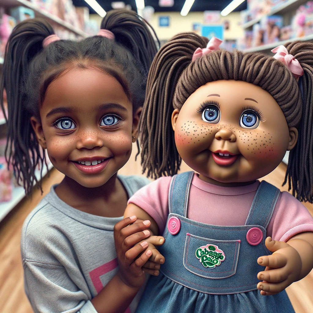 Create a 3-D realistic African-American little girl with huge blue eyes and long ponytails She is playing in her Favorite toy store with her favorite cabbage patch doll the cabbage patch now resembles her. It has very deep, dimples and Freckles