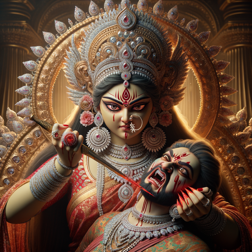 portrait of angry looking goddess durga, sitting on a gold crown and carrying a weak mahishasur on her lap and stabbing him with her amazing red finger nails. She is wearing diamond armor, a huge diamond crown, red saree, abundant diamond jewelry, covered in blood. The scene is set in ancient India. The image is 8K resolution, cinematic, ultra detailed face and epic.