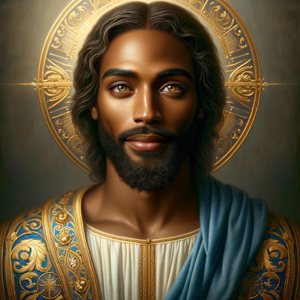 Create a beautiful African-American Jesus Christ with Hazel, brown eyes and blue and gold robe