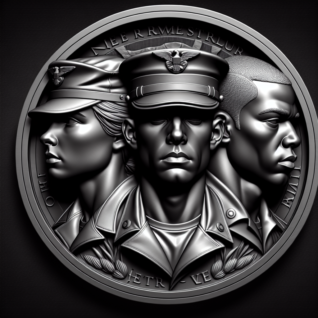 Design a high-contrast grayscale 3d bas relief of three marine soldiers, The composition should be circular like a coin emblem, designed for CNC routing with balanced lighting to accentuate fine details, sharp edges, and distinct textures. Employ deep shadows and strong highlights to define planes and surfaces clearly.