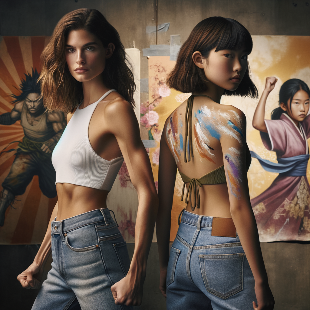 Athletic Thin skinny Attractive, Asian teenage girl, long brown hair and bangs, wearing tight skinny jeans and a halter top paint marks on her clothing, heroic pose Asian graffiti background, backside view