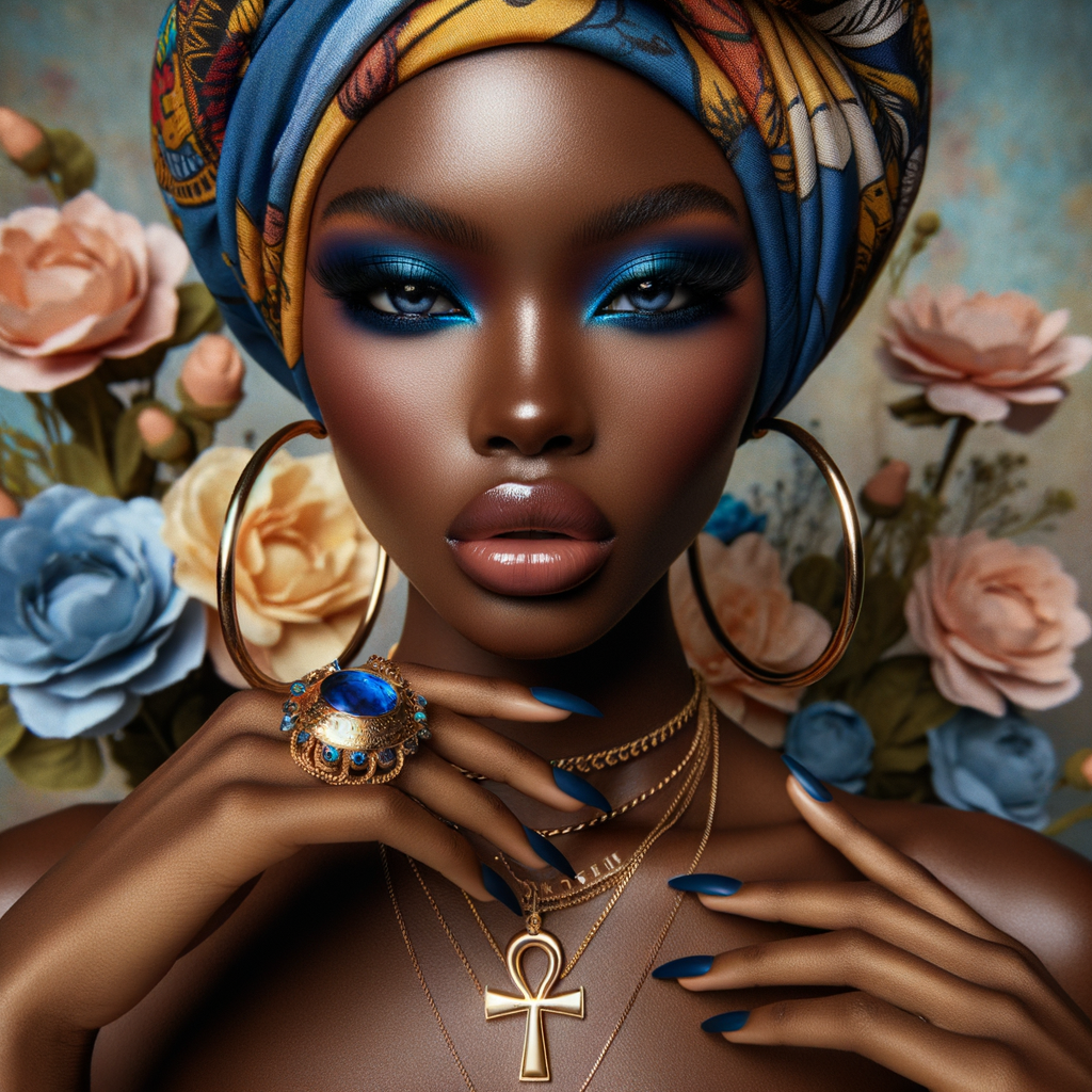 Create an image of an african-American, graceful woman , striking blue eyeshadow, and full lips. She wears large, golden hoop earrings and multiple necklaces, one with a prominent ankh pendant. Her hair is hidden beneath a vibrant, patterned head wrap in shades of blue, yellow, and orange. Her nails are painted dark blue, complementing her eyeshadow, and her fingers are adorned with a large, ornate gold ring. She poses elegantly against a background filled with soft pastel flowers, highlight her beauty