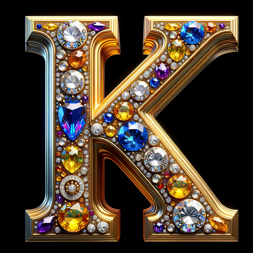 Create a 3-D realistic image with the letters  K.S. in gold raised letters , Add diamonds and colorful jewels