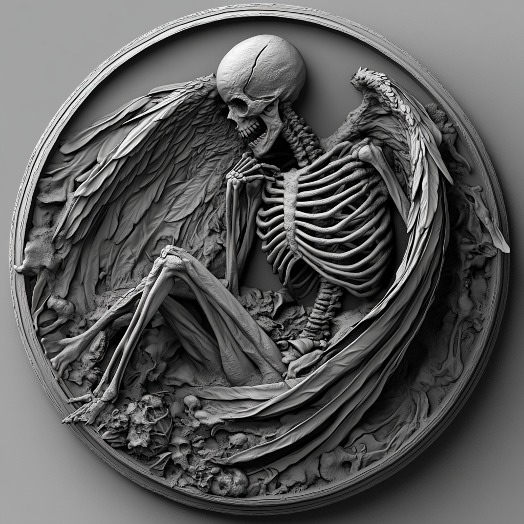 Design a high-contrast grayscale 3d bas relief of death, The composition should be circular like a coin emblem, designed for CNC routing with balanced lighting to accentuate fine details, sharp edges, and distinct textures. Employ deep shadows and strong highlights to define planes and surfaces clearly.