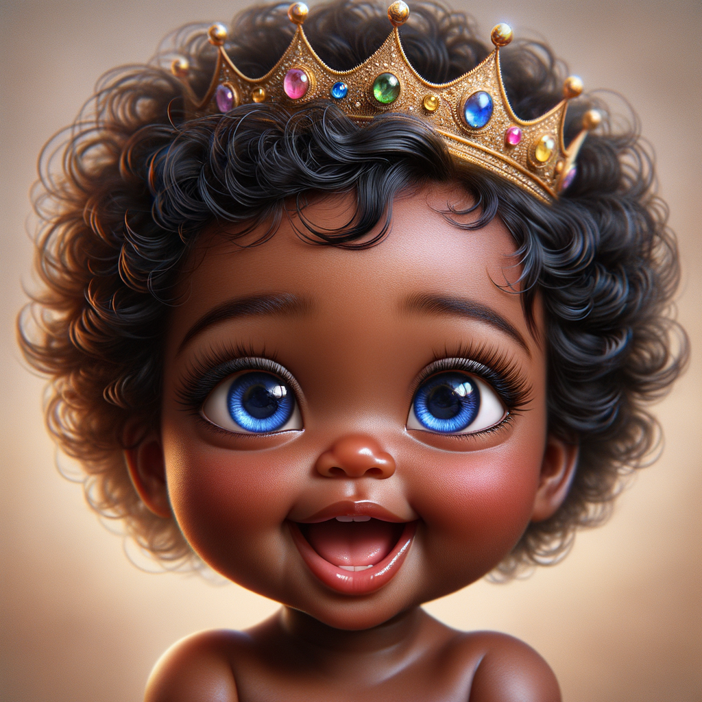 "Create a digital portrait of an adorable african-American baby girl with a joyful expression. She is wearing a gold crown with colorful jewels. Her big, bright blue eyes are wide with wonder, and her tiny mouth is shaped in a happy grin. Her skin has a warm, honey-brown tone, and she has an abundance of thick curly black hair, The background is soft and neutral to keep the focus on her delightful features. The portrait should be vibrant and heartwarming, celebrating the innocence and charm of childhood."