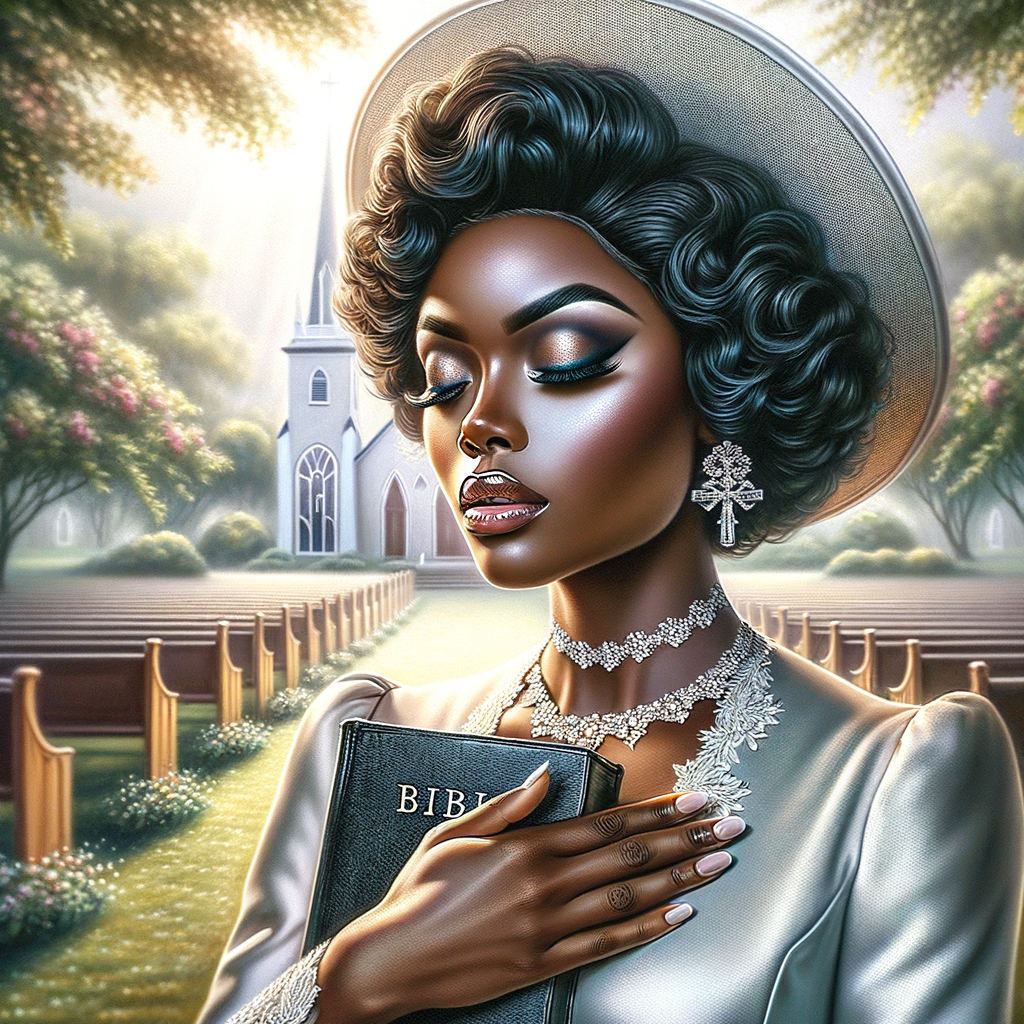 Render an airbrush oil painting of an African American woman with flawless makeup in a
contemplative pose, holding a Bible close to her heart, dressed in an elegant Sunday Best
outfit with a distinctive Church Hat. The background features a peaceful church garden,
with light filtering through the trees, highlighting her spiritual connection and the personal
moment of reflection. The artwork should capture the tranquility of the scene, the beauty
of her attire, and the depth of her contemplation, reflecting a serene and spiritually