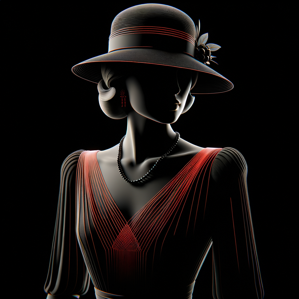 A glamorous 1920s lady, black and white silhouette style with red highlights, she is wearing a wide brim hat and sleek black dress. Show head and shoulders only. Black background