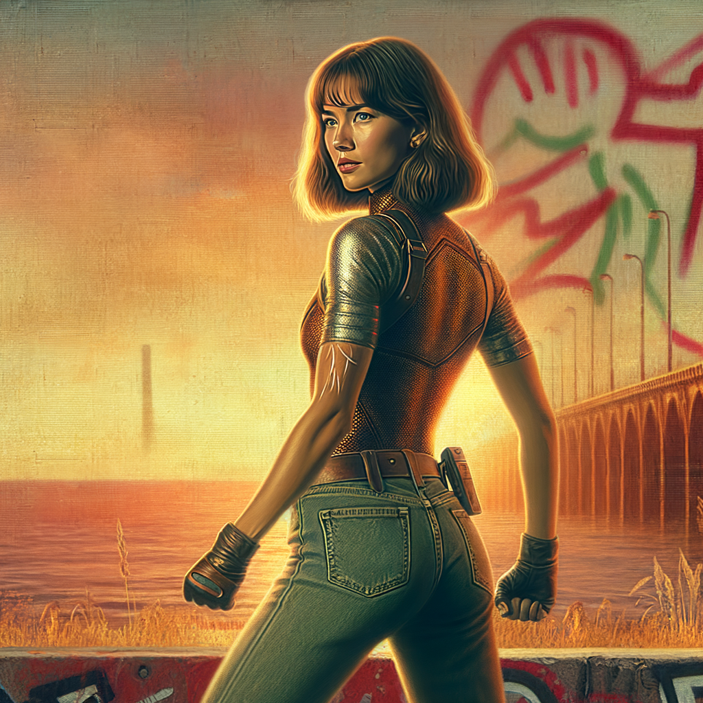 Athletic Thin skinny Attractive, Asian teenage girl, long brown hair and bangs, wearing tight skinny jeans and a halter top paint marks on her clothing, heroic pose Asian graffiti background, backside view