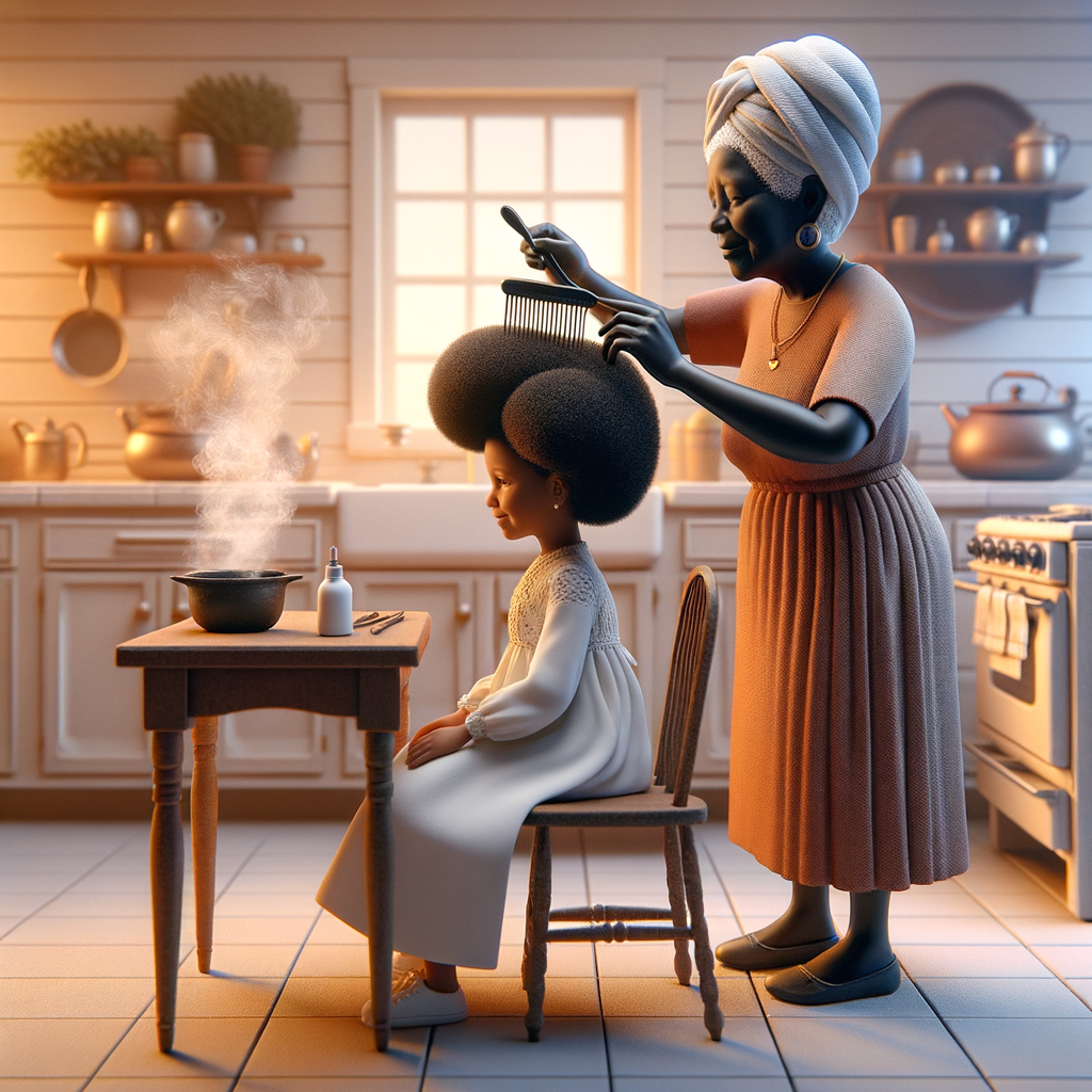 Create a realistic 3-D image of an african-American grandmother in the kitchen with her african-American granddaughter. The grandmother has a hot comb in her hair and she is straightening her granddaughters hair. One side of her granddaughters hair is in  a Afro the other is bone straight 
There is smoke coming from the hot comb