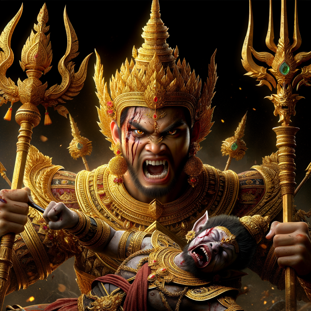 portrait of angry looking goddess durga slaying a weak mahishasur by carrying him in her two arms and stabbing him with her amazingly designed trident. She is wearing gold armor, a huge gold crown, gold saree, abundant  gold jewelry, covered in blood. The scene is set in ancient India. The image is 8K resolution, cinematic, ultra detailed face and epic.