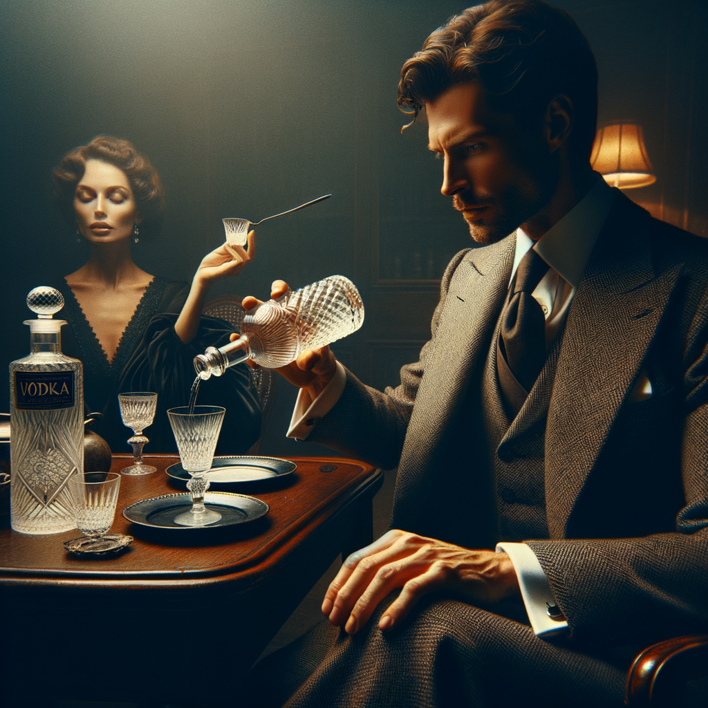 European man, man in a classic suit, man poor vodka to glass of woman, man poors vodka, man holds bottle, woman holds glass, glass of vodka.