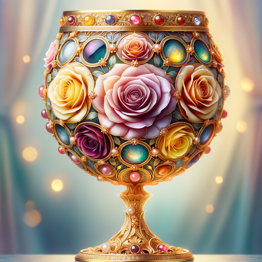 A magical and elaborate golden chalice intricately designed to resemble a blooming flower, holding within its petals not one, but a collection of roses in a vibrant array of colors. Each rose—ranging from the softest lavender to the deepest maroon, the sunniest yellow to the most vivid coral—sits nestled within the translucent enamel inlay that mimics the delicate petal structure. The chalice is encrusted with gold filigree and adorned with pearls, and the stem and base are embellished with rose quartz stones and a filigree pattern. It's set against a subtly blurred background with hints of gentle blue, emphasizing the chalice's otherworldly charm.