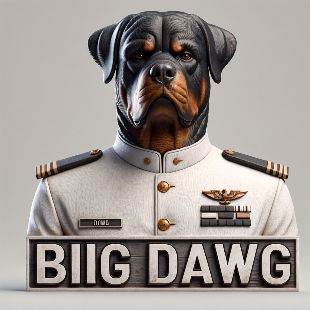 A mean Rottweiler, the Rottweiler is a US Navy officer in a white uniform, down below, spells the words BIG DAWG