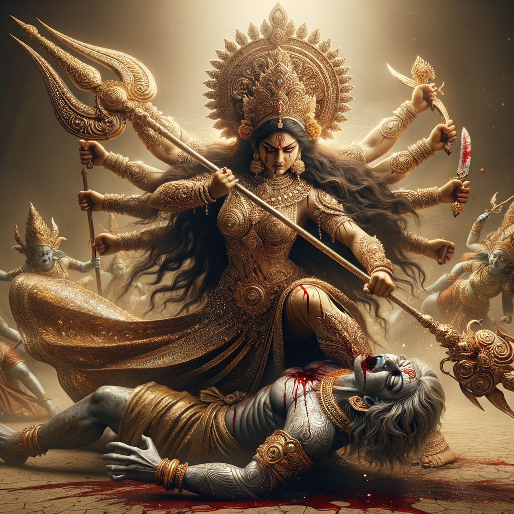 portrait of angry looking goddess durga pinning a weak mahishasur to the ground and stabbing him with her amazingly designed trident. She is wearing gold armor, a huge gold crown, gold saree, abundant  gold jewelry, covered in blood. The scene is set in ancient India. The image is 8K resolution, photography, cinematic, ultra detailed face and epic