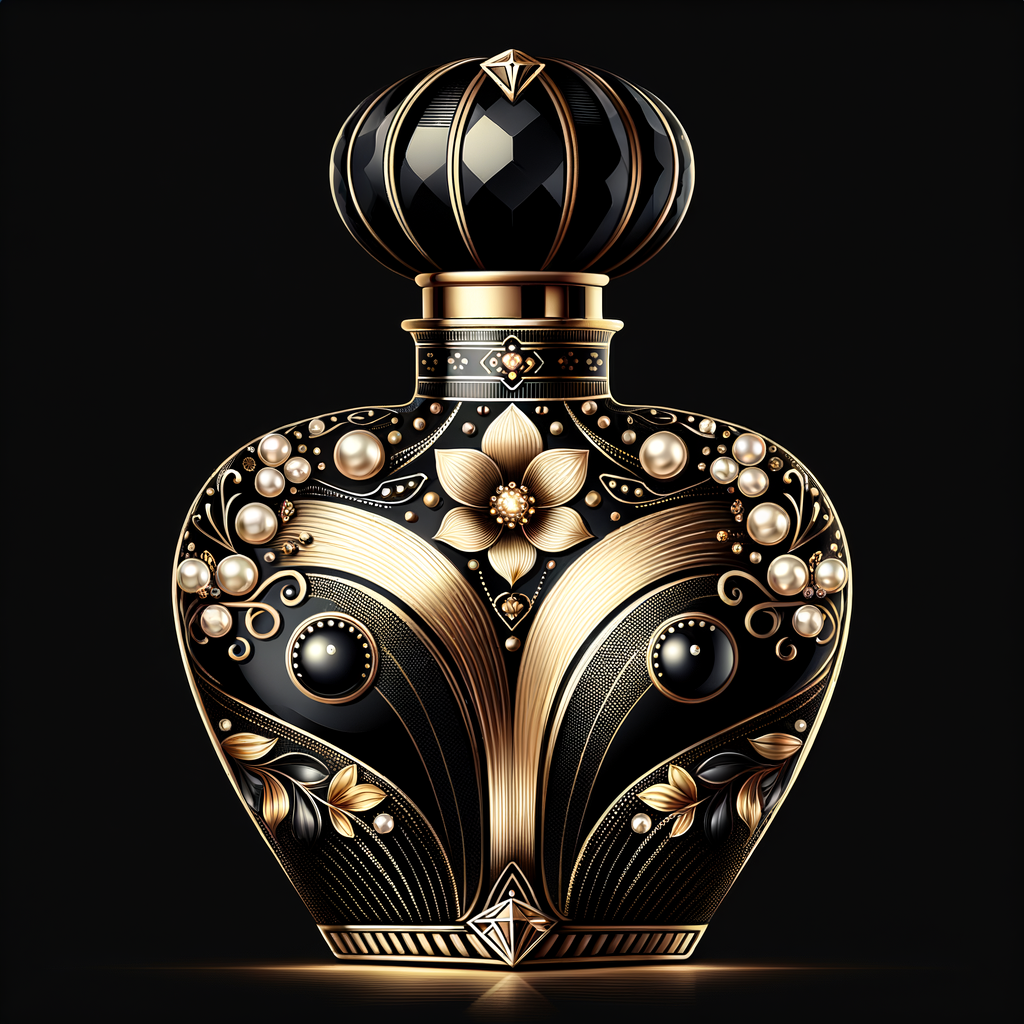 Design a fancy, black and gold bottle of perfume in the shape of a woman’s body. With a golden diamond top, flowers pearls and Diamonds in the name, Karen