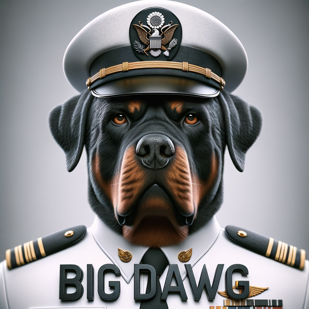 A mean Rottweiler, the Rottweiler is a US Navy officer in a white uniform, down below, spells the words BIG DAWG