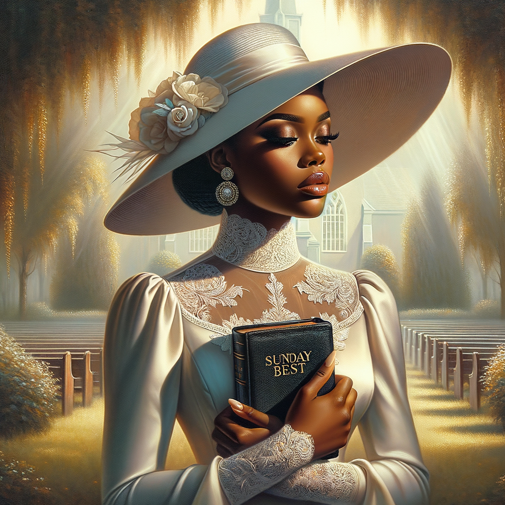 Render an airbrush oil painting of an African American woman with flawless makeup in a
contemplative pose, holding a Bible close to her heart, dressed in an elegant Sunday Best
outfit with a distinctive Church Hat. The background features a peaceful church garden,
with light filtering through the trees, highlighting her spiritual connection and the personal
moment of reflection. The artwork should capture the tranquility of the scene, the beauty
of her attire, and the depth of her contemplation, reflecting a serene and spiritually