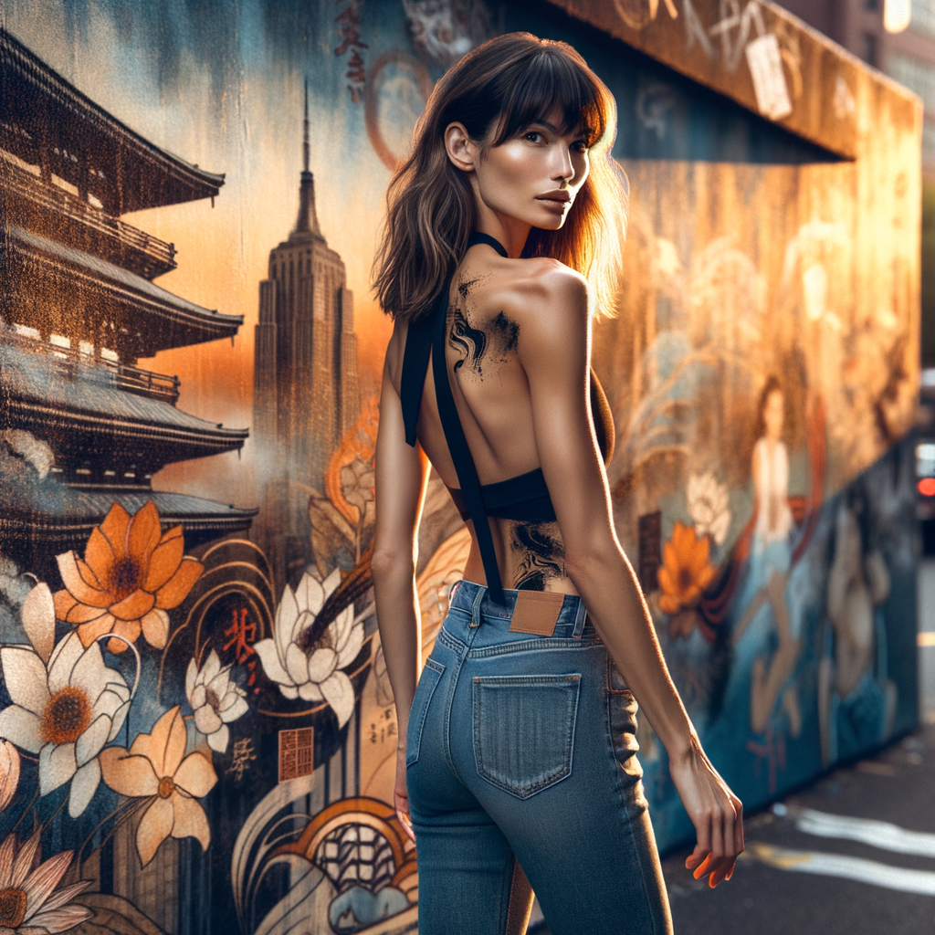 Athletic Thin skinny Attractive, Asian teenage girl, long brown hair and bangs, wearing tight skinny jeans and a halter top paint marks on her clothing, heroic pose Asian graffiti background, backside view