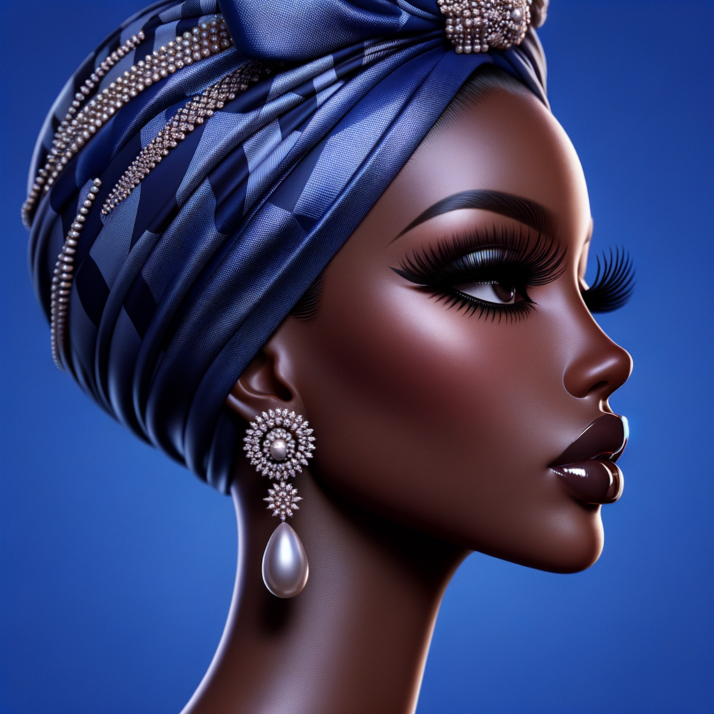 Create an airbrushed digital portrait of an animated
African-American woman in profile against a solid cobalt
blue backdrop. Her radiant skin, strikingly long eyelashes, a
pronounced nose, and voluminous natural glossy lips are
showcased. She wears a headwrap adorned with intricate
diamond patterns. Large, elegant pearl drop earrings
complete her appearance, showcasing the entire headshot
details with a focus on sophistication and grace. The digital
art should highlight her striking features against the vibrant
background, creating a visually stunning piece.