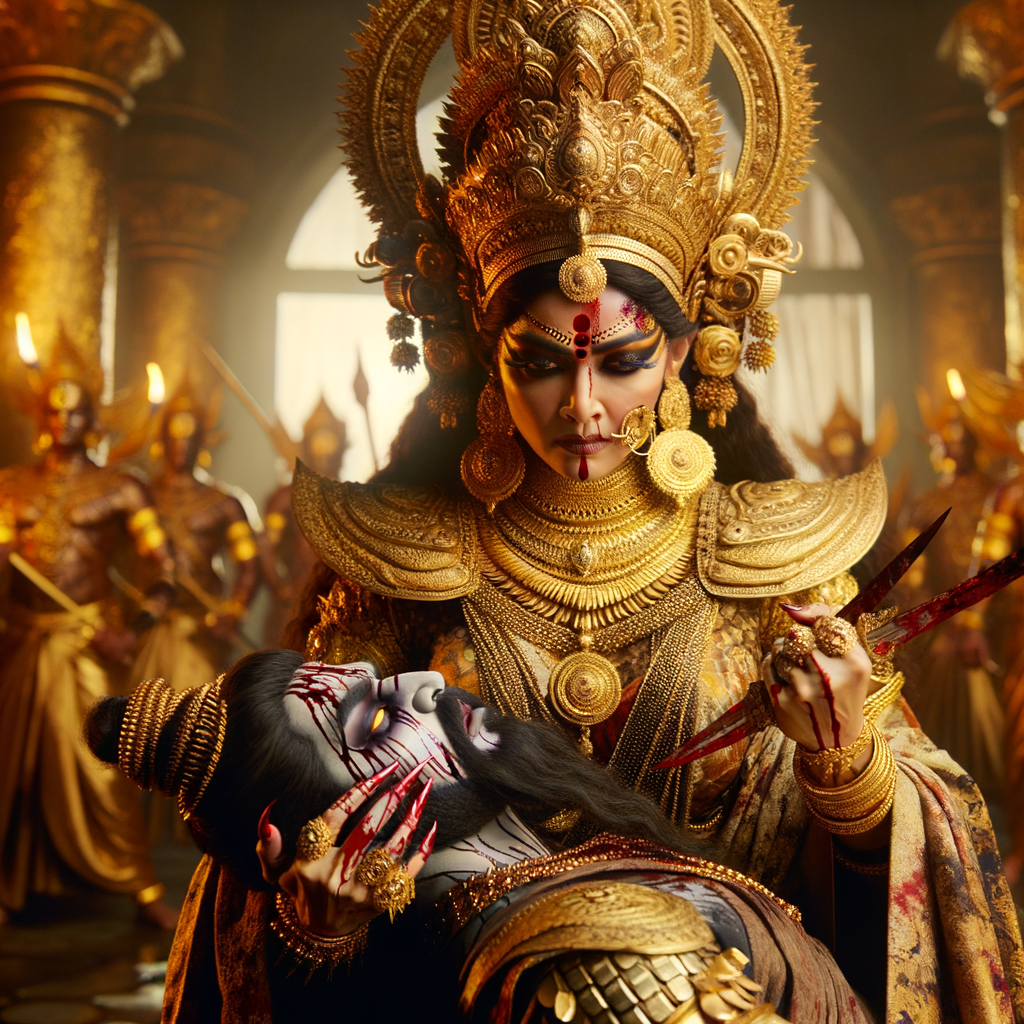 portrait of angry looking goddess durga  carrying a weak mahishasur in her arms and stabbing him with her amazingly long red fingernails. She is wearing gold armor, a huge gold crown, gold saree, abundant  gold jewelry, covered in blood. The scene is set in ancient India. The image is 8K resolution, cinematic, ultra detailed face and epic.