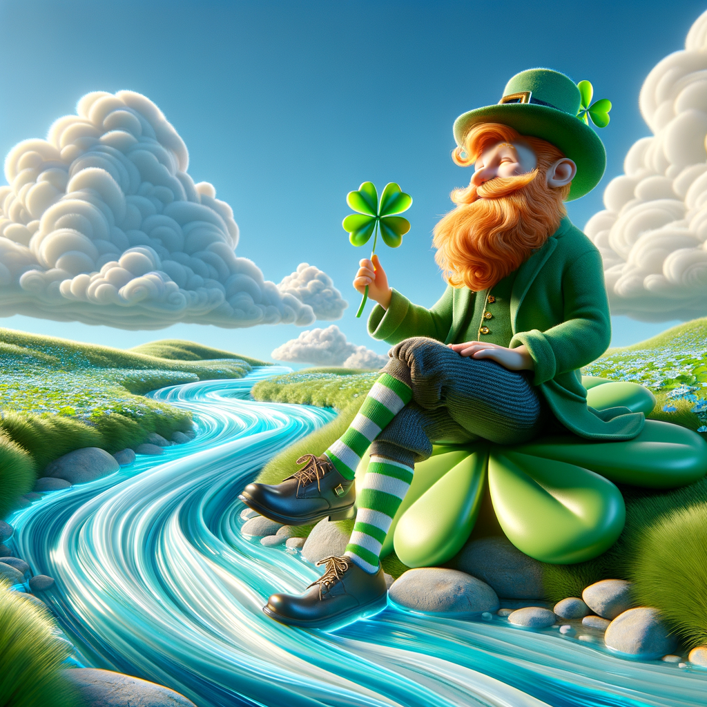 Generate a Lucky leprechaun sitting on a 4 leaf clover with a sunny blue sky above and a light blue stream to its side