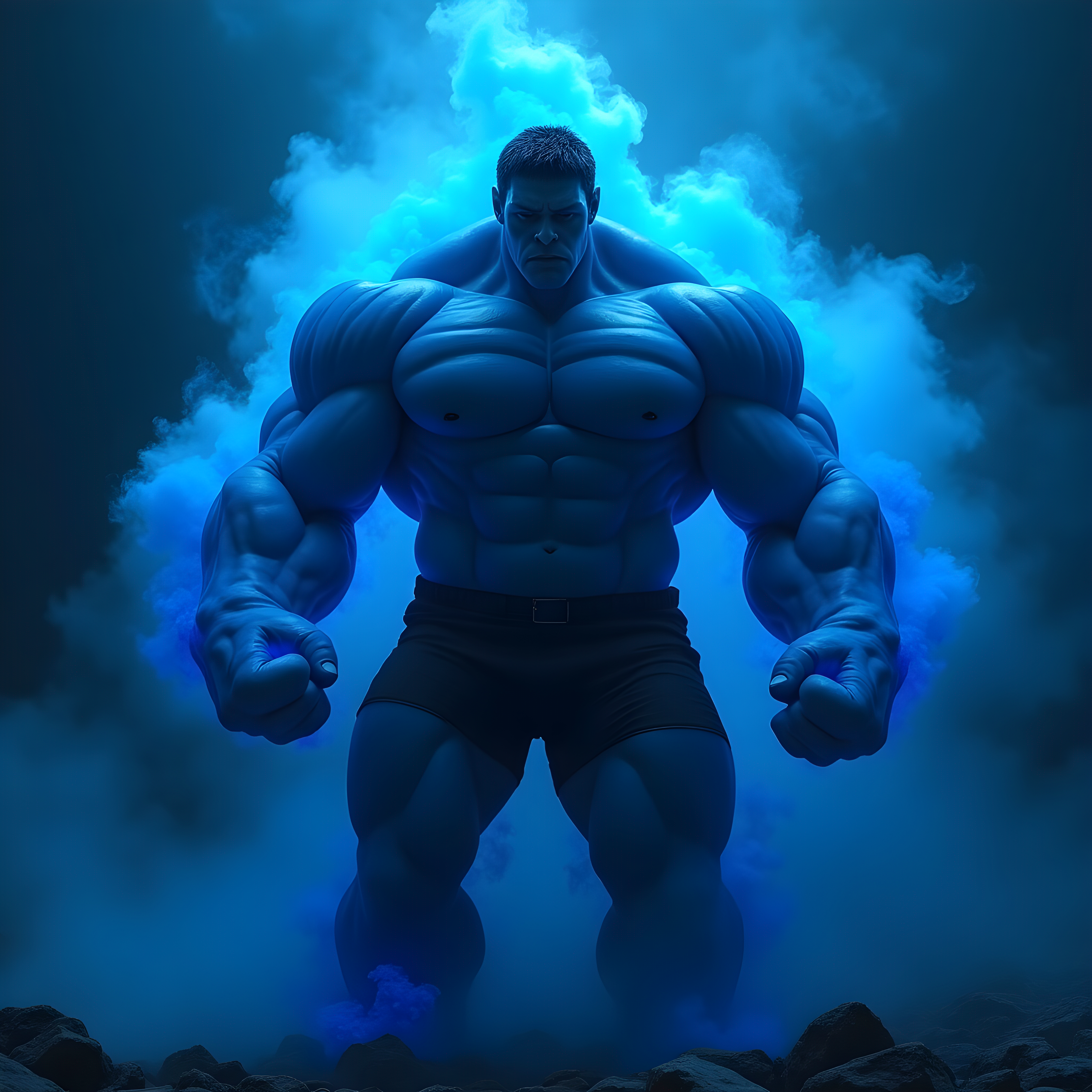 Blue  Fire smoke, blue incredible hulk, muscular body, giant size, 4k,