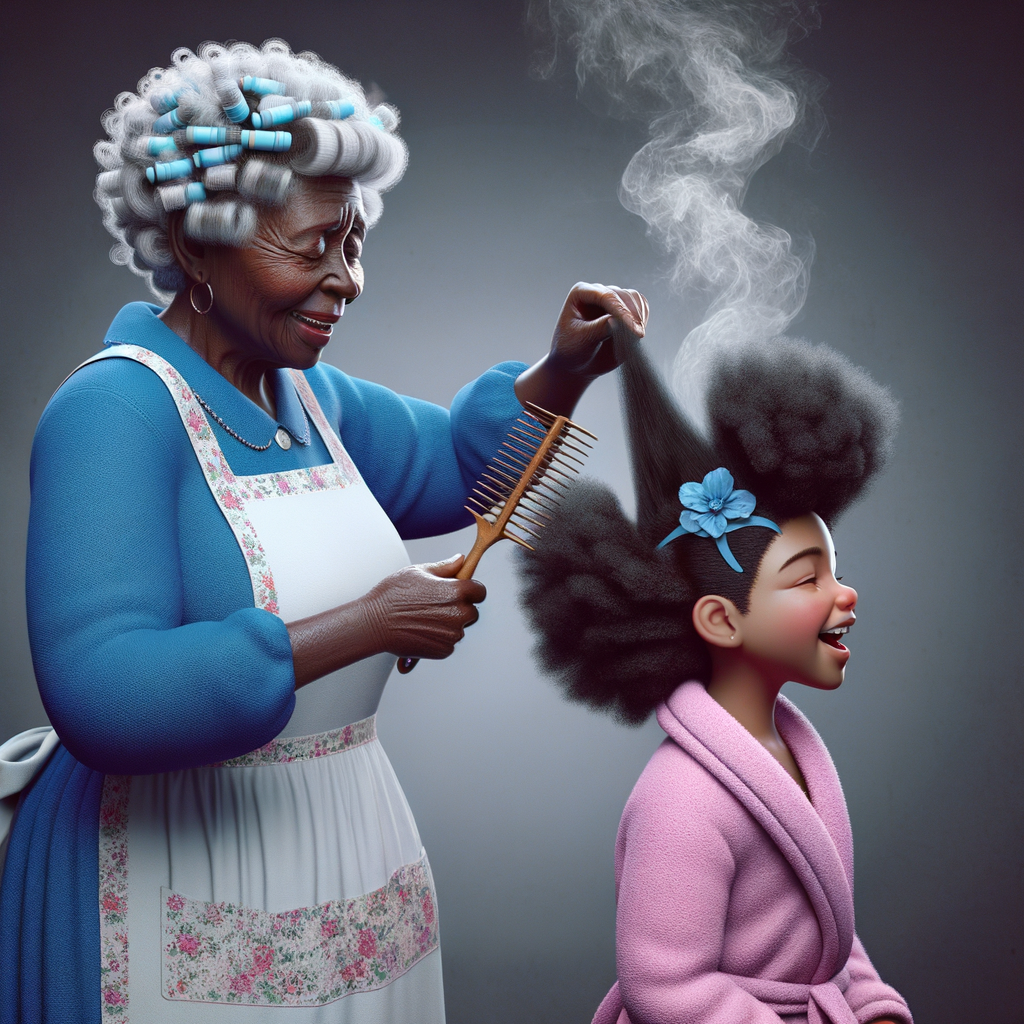 Create a realistic 3-D image of an african-American grandmother wearing a blue house dress and a white apron . She is in the kitchen with her african-American granddaughter. Her granddaughter is wearing a pink bath robe. The grandmother has a hot comb in her hand and she is straightening her granddaughters hair. One side of her granddaughters hair is in  a Afro the other straight 
There is smoke coming from the hot comb
The granddaughter is making a face