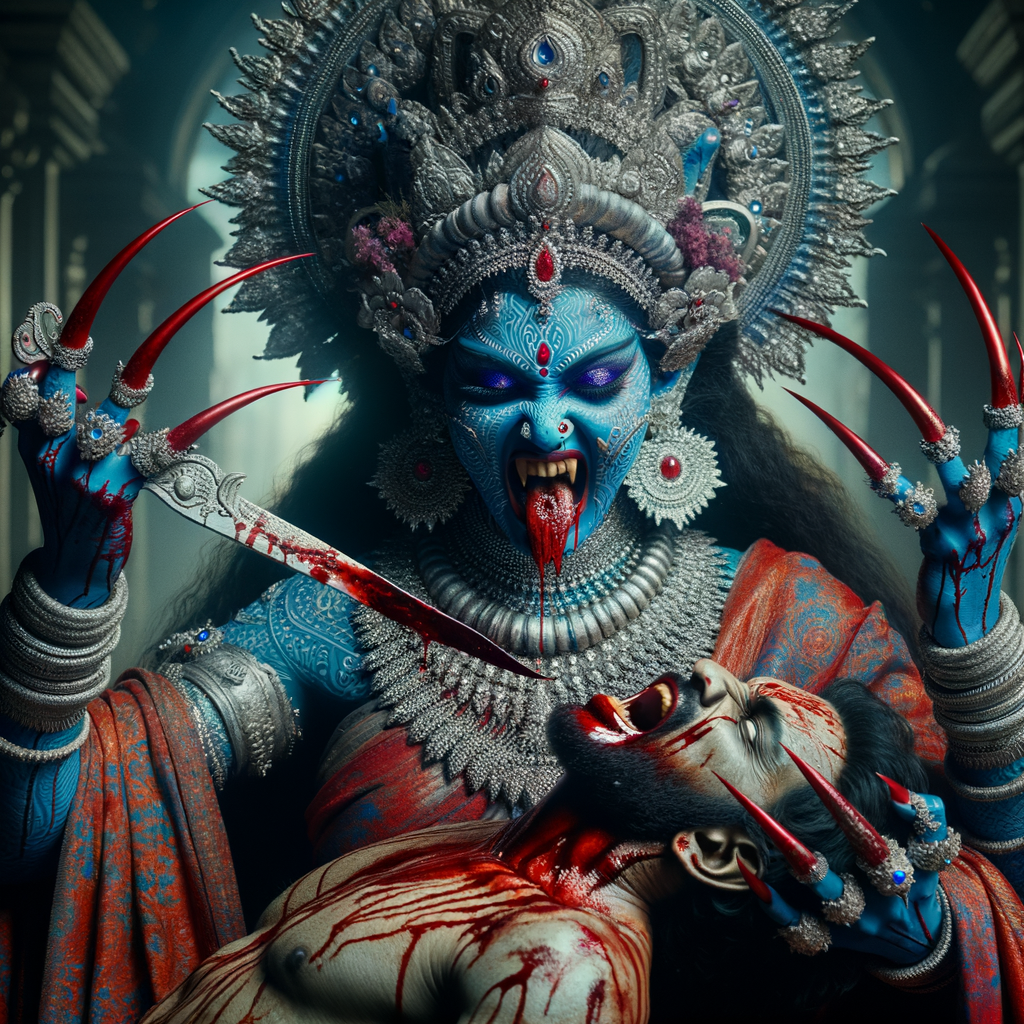 photography of angry looking, gorgeous goddess kali, blue skinned carrying a weak mahishasur in her two arms and stabbing him with her amazingly long red fingernails. She is wearing a huge silver crown, red saree, abundant silver jewelry, covered in blood. The scene is set in ancient India. The image is 8K resolution, cinematic, ultra detailed face and epic.