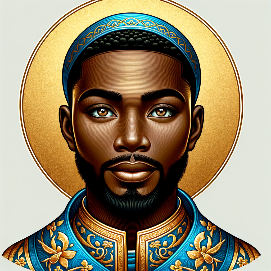 Create a beautiful African-American Jesus Christ with Hazel, brown eyes and blue and gold robe