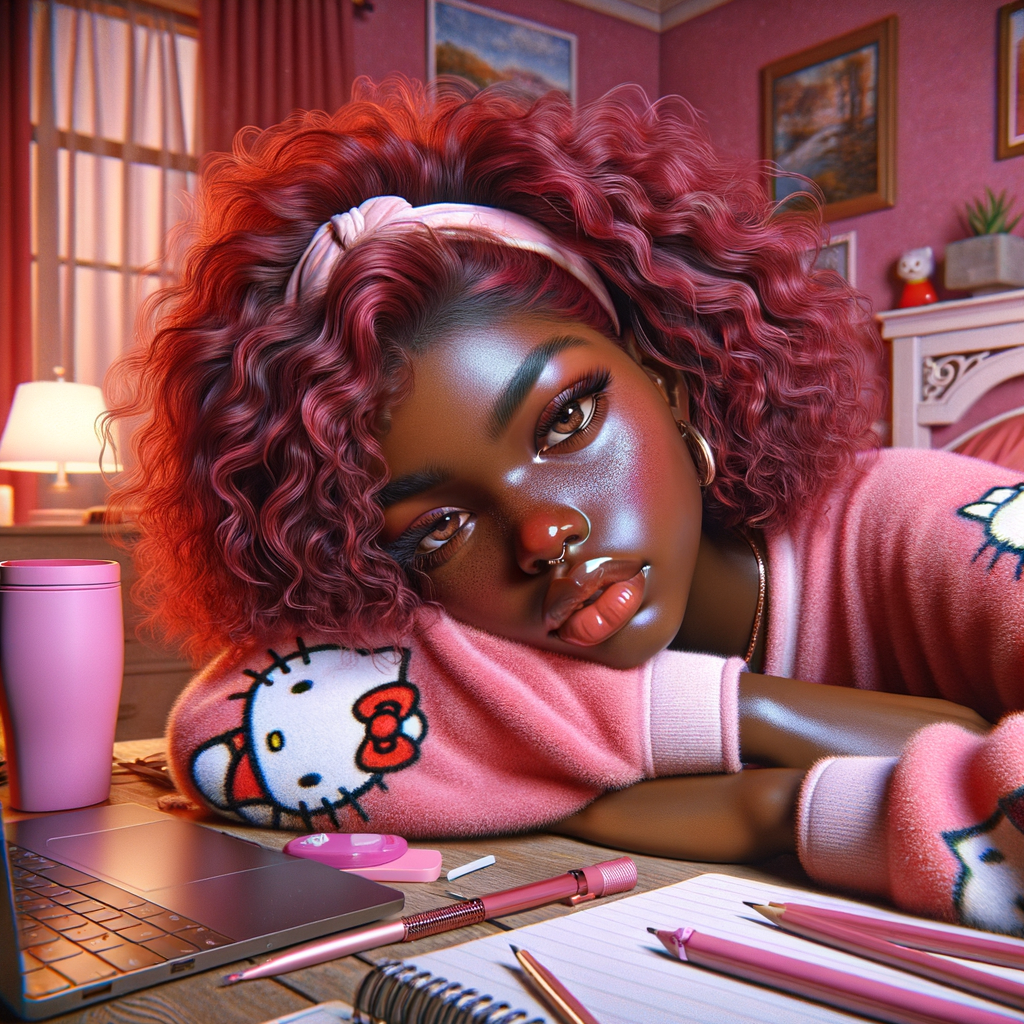 Bedroom landscape colors are coral and purple. Oil painting a 20 year old African American brown skin tone girl sits at her desk she’s tired with her head laying on the desk eyes closed. She’s wearing hello kitty pajamas pink bedroom slippers. She has full lips, long volume lashes, wet wavy ruby red hair tied in a scarf. Laptop on the desk, night light, pink tumbler, note pad and pencils. Vibrant colors, electrostatic art 8K HDR