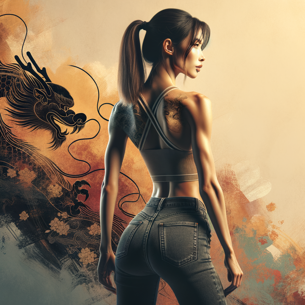 Athletic Thin skinny Attractive, Asian teenage girl, long brown hair and bangs, wearing tight skinny jeans and a halter top paint marks on her clothing, heroic pose Asian graffiti background, backside view