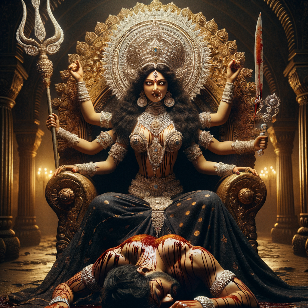 portrait of angry looking goddess durga sitting on a gold crown and carrying a weak mahishasur on her lap and stabbing him with her amazingly designed trident. She is wearing a huge diamond crown, black saree, abundant diamond jewelry, covered in blood. The scene is set in ancient India. The image is 8K resolution, photograph, cinematic, ultra detailed face and epic.