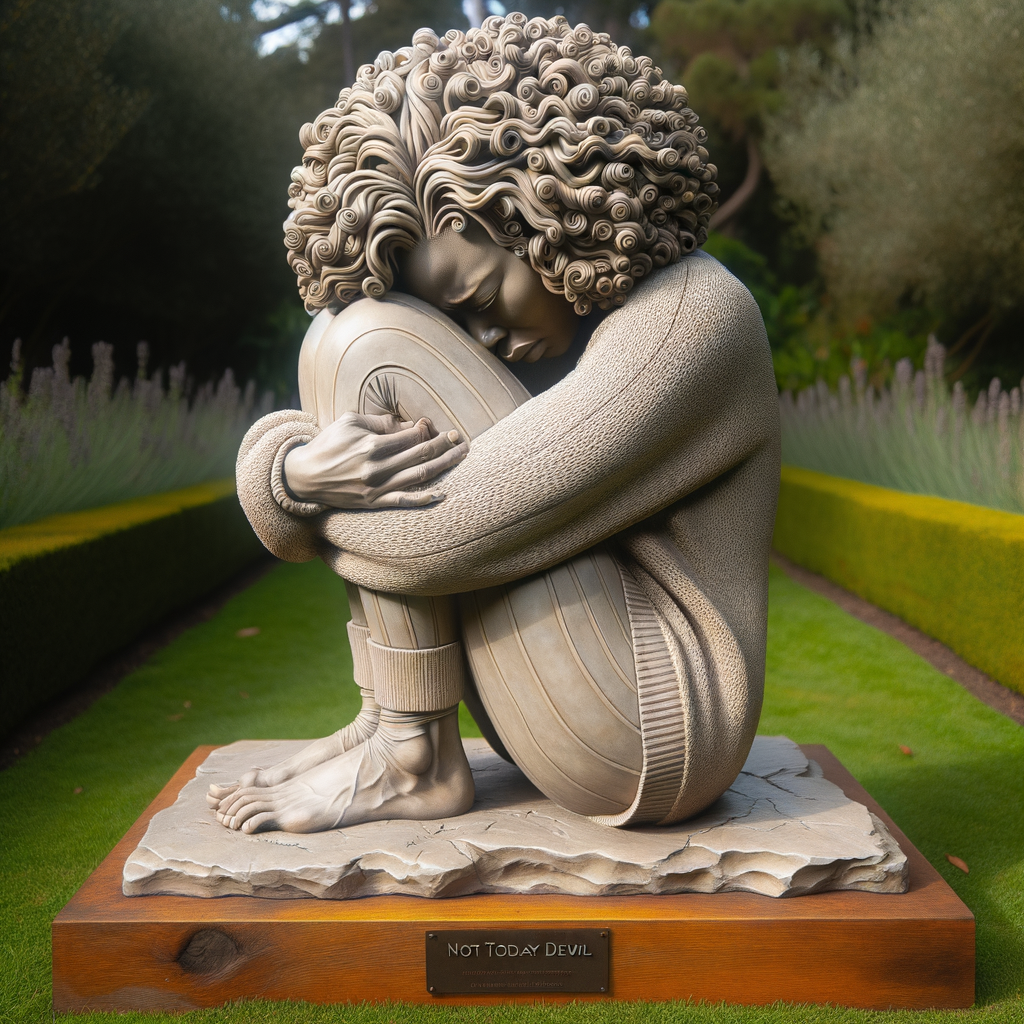 "Create a sculpted piece features an light skin african-American, woman in a moment of emotional release, her face buried in her hands as tears flow, yet her posture is one of strength rather than defeat. Her hair is styled in a mass of intricate curls that seem to echo the complexity of her emotions. She’s dressed in a comforting, neutral-toned sweater and leggings, which speak to a need for comfort in tough times. She is seated on a wooden base with the phrase 'NOT TODAY DEVIL' boldly inscribed, symbolizing a defiant stand against challenges. The setting is a serene garden backdrop, adding a sense of peace and solace to the scene."