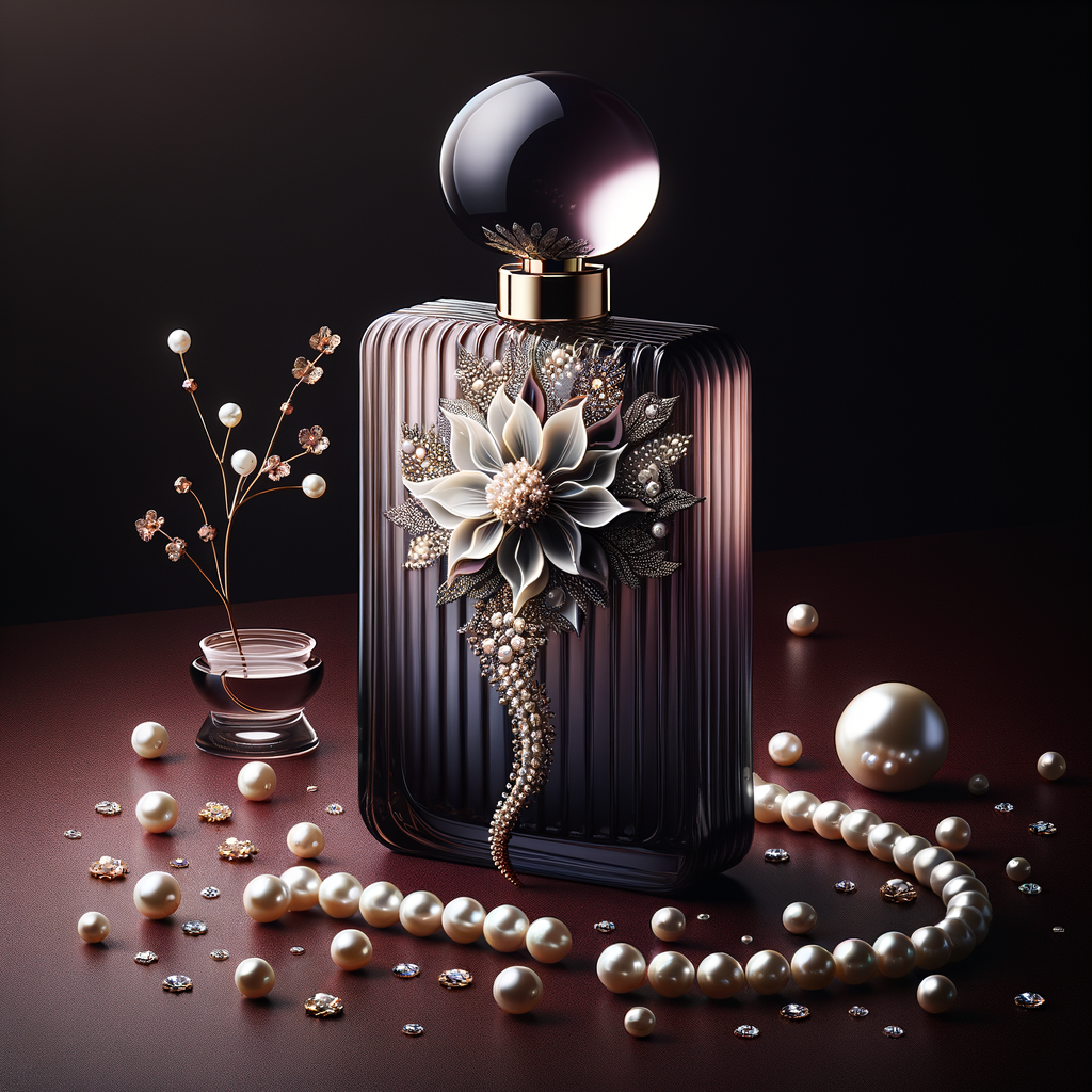 Create an image of a sophisticated perfume bottle that is designed to resemble the silhouette of a woman's figure. The glass of the bottle should be a deep, dark purple, evoking a sense of mystery and luxury. Adorning this unique bottle, there should be a pattern of a single, intricate white and soft pink flower, with a string of pearls that gracefully follows the curves of the bottle's form. The neck of the bottle, slim and elegant, is encircled by a band of gold inlaid with tiny sparkling diamonds, leading up to a large, lustrous pearl that serves as the bottle's cap. Include additional details such as scattered pearls, a petal, and a golden twig with a single pearl on the maroon surface around the bottle, all of which reinforce the sophisticated and luxurious theme. The perfume bottle is a signature piece for a person named Karen, reflecting her refined and elegant taste.