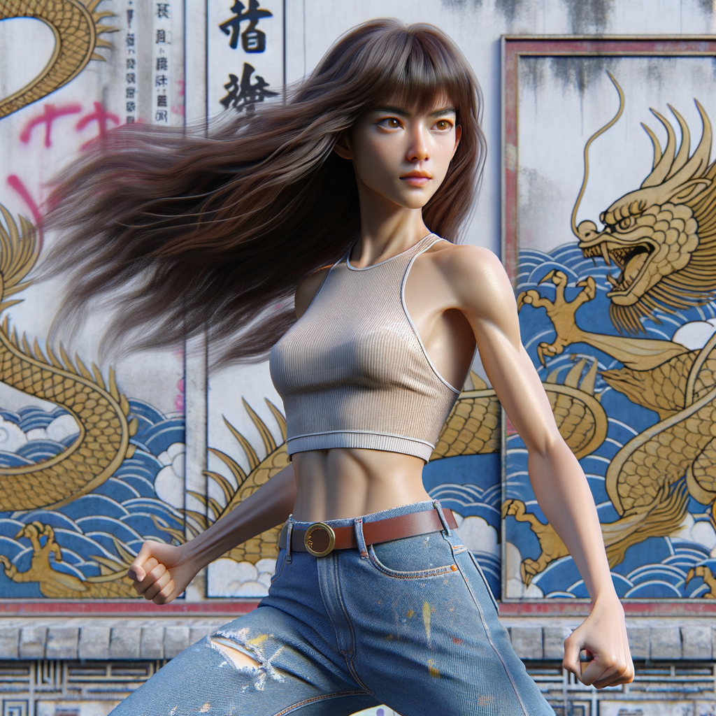 Athletic Thin skinny Attractive, Asian teenage girl, long brown hair and bangs, wearing tight skinny jeans and a halter top paint marks on her clothing, heroic pose Asian graffiti background, side view