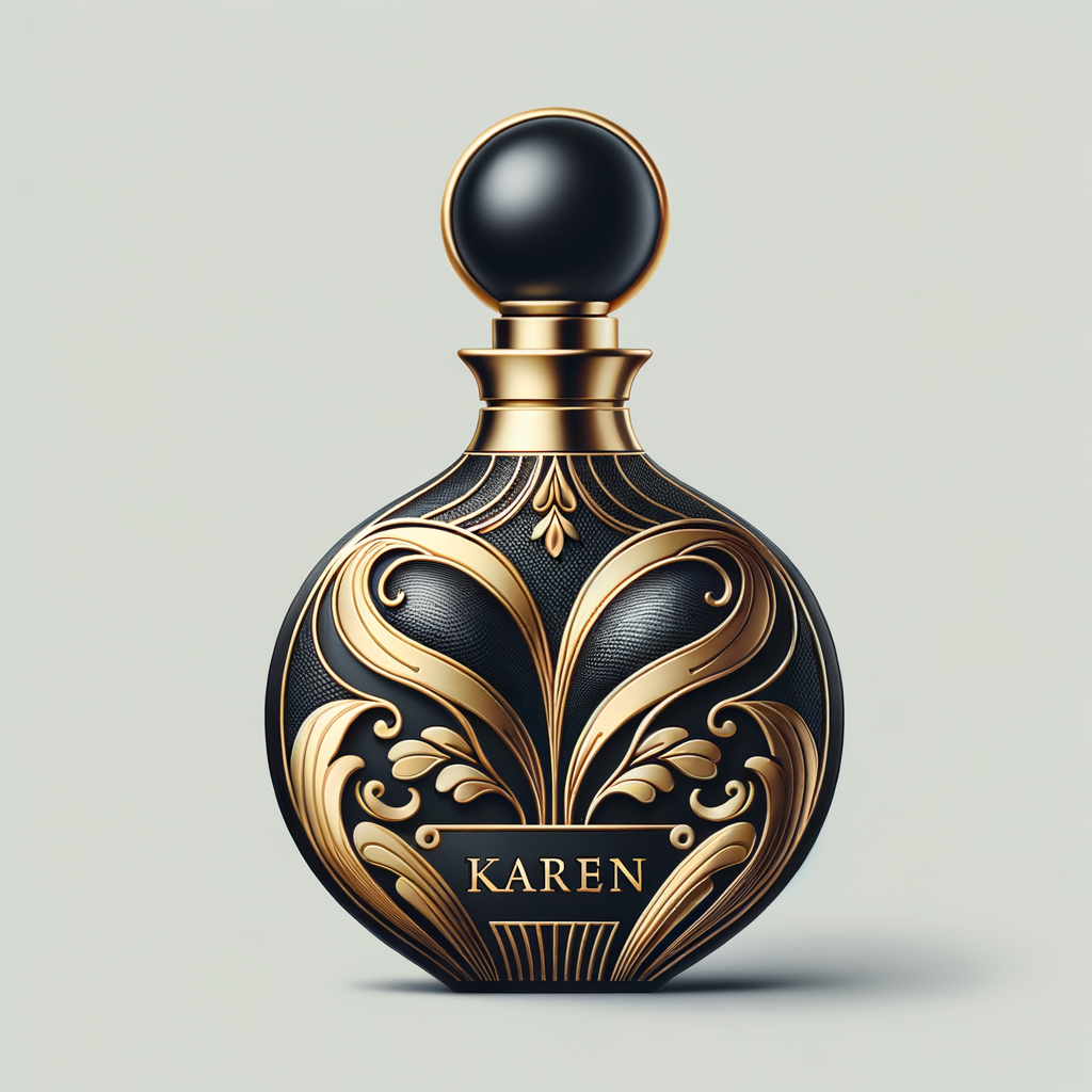 Design, a black and gold perfume bottle in the shape of a woman’s body with flowers and the name Karen