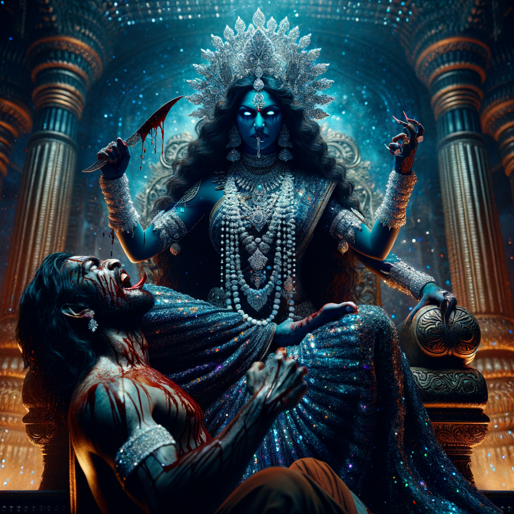 portrait of angry looking goddess kaali, blue skinned sitting on a gold crown and carrying a weak mahishasur on her lap and stabbing him with her amazingly long fingernails. She is wearing a huge diamond crown, black saree, abundant diamond jewelry, covered in blood. The scene is set in ancient India. The image is 8K resolution, photograph, cinematic, ultra detailed face and epic.