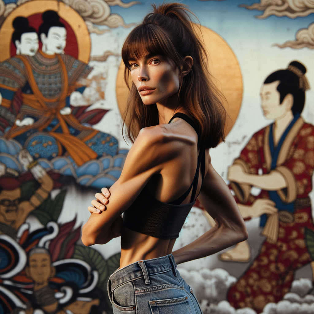 Athletic Thin skinny Attractive, Asian teenage girl, long brown hair and bangs, wearing tight skinny jeans and a halter top paint marks on her clothing, heroic pose Asian graffiti background, backside view