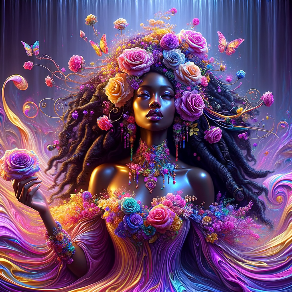 Remix Prompt
S/O Jackie Torres
S/O Panda Locke

create a animated style hyper realistic airbrush whimsical oil painting of a light African American woman wearing a flawless beautiful purple, pink, and gold blossom dress long flowing with colorful flowers and ruffles on the dress colorful jewelry made of flowers she has long black dreadlocks in a bun a colorful rose in her hair her peep toe shoes is matching her dress behind her is a beautiful waterfall liquid glowing lights beautiful colorful rainbow surrounded by beautiful roses.