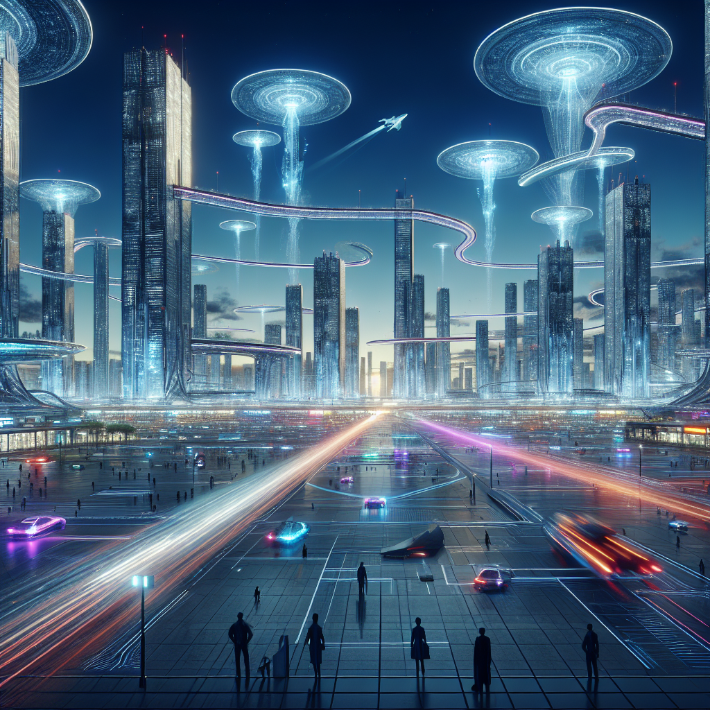 A sleek, glowing cityscape under a twilight sky, where transparent towers and floating platforms are linked by shimmering light bridges. Hovering vehicles zip between the structures, their trails leaving faint neon streaks in the air.