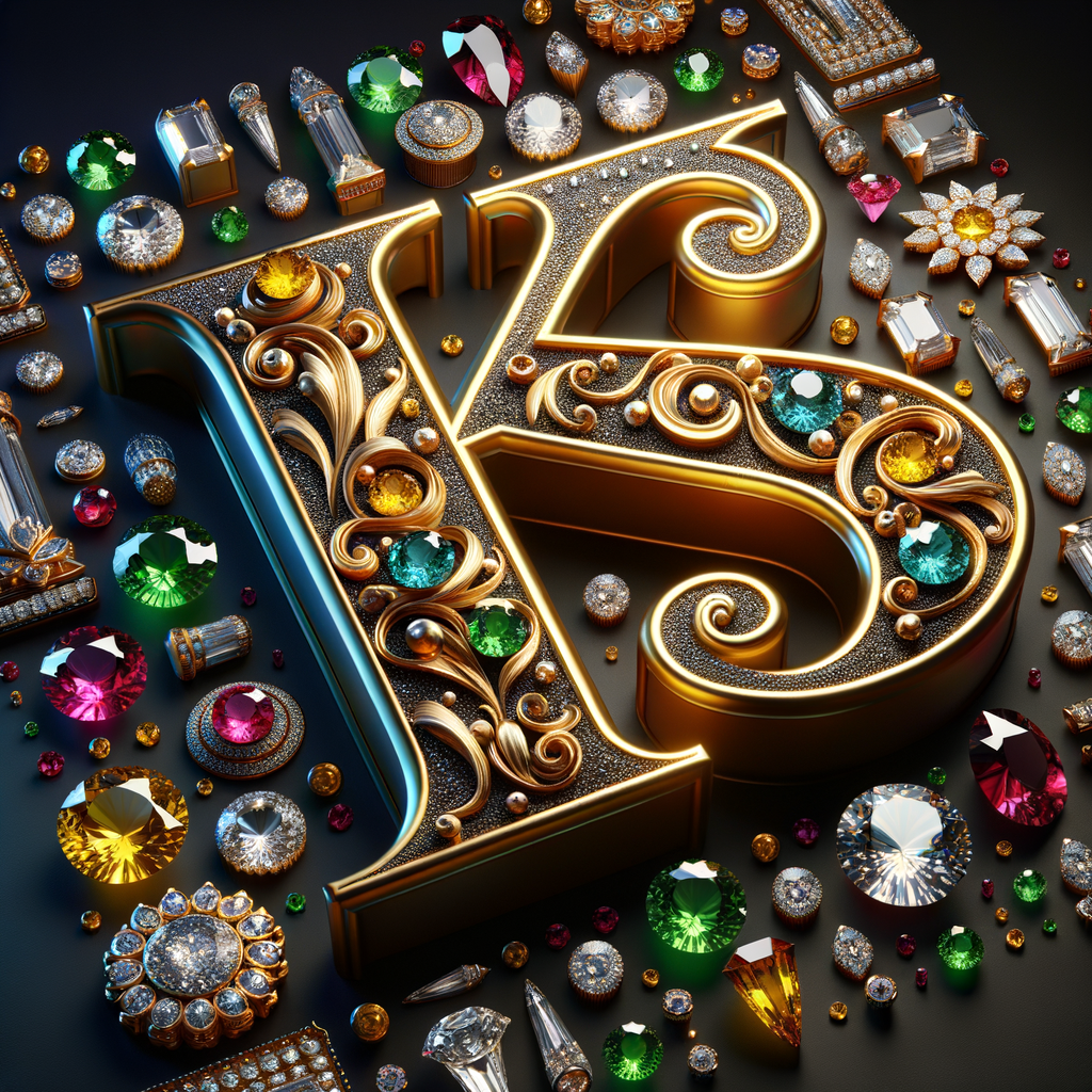 Create a 3-D realistic image with the letters  K.S. in gold raised letters , Add diamonds and colorful jewels