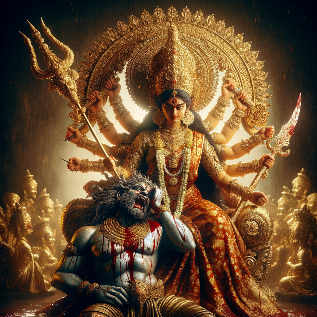 portrait of angry looking goddess durga, sitting on a gold crown and carrying a weak mahishasur on her lap and stabbing him with her amazingly designed trident. She is wearing gold armor, a huge gold crown, red saree, abundant gold jewelry, covered in blood. The scene is set in ancient India. The image is 8K resolution, cinematic, ultra detailed face and epic.