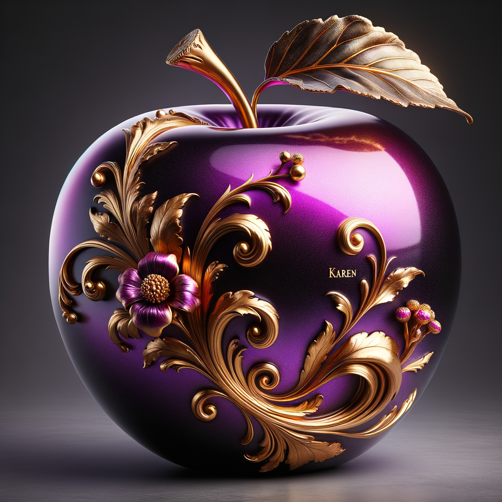 Envision a lustrous, oversized apple with a surface that gleams in a radiant shade of purple, as if lacquered to a high shine, reflecting light from its smooth, curvaceous form. The apple is adorned with elegant gold leaf patterns that swirl luxuriously around its contour, bringing a baroque opulence to its appearance. The stem, a bronzed sculpture in itself, supports a single leaf that seems to glow with an inner luminescence. At the apple’s base, a collection of flowers blooms, their petals softening the scene with organic shapes and colors that harmonize with the vibrant purple and gold. Incorporated into the metallic filigree in an artful script is the name "Karen," as if the apple were personally inscribed, enhancing the custom and bespoke quality of the piece.