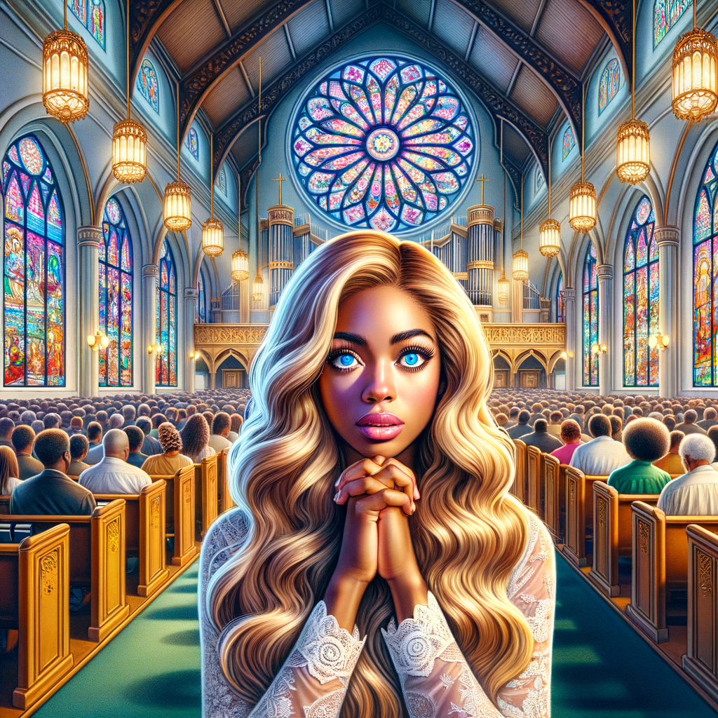 Create a realistic airbrushed illustration of a woman with long, blonde hair and huge blue eyes, praying at the altar in a church. The church is filled with an African-American congregation, adding to the diverse and spiritual atmosphere. The interior of the church features a beautiful stained glass window that casts colorful light throughout the space, enhancing the spiritual ambiance. The setting is serene and filled with a sense of community and faith, capturing the moment of prayer in a sacred environment. Ensure the illustration is detailed, with attention to the expressions of devotion and the intricate designs of the church interior, in a heavily HDR style at 300 dpi.