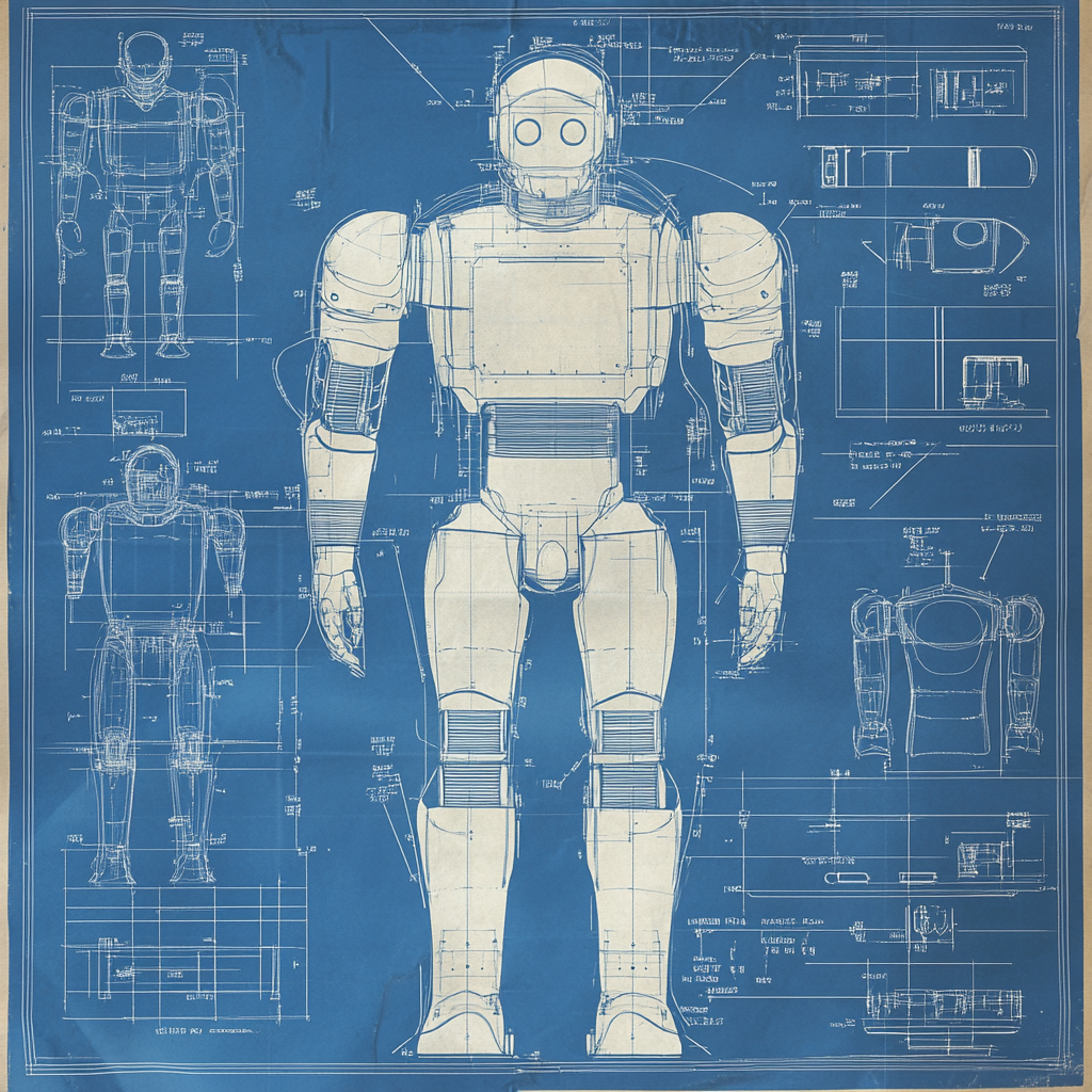 A detailed specification sheet on blueprint paper for robot with callouts and dimensions, highly technical