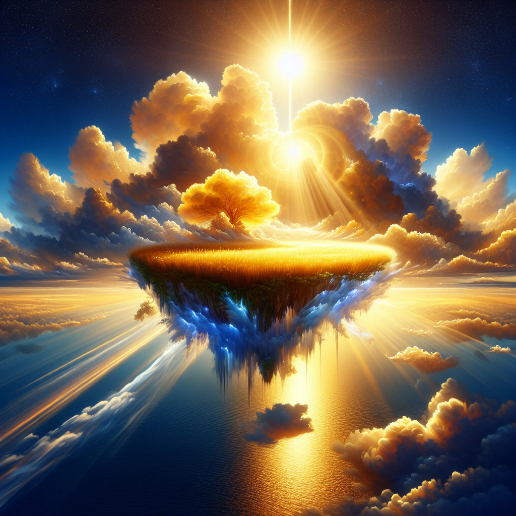 A resplendent floating island, gilded in the light of a celestial zenith, appears in a digital painting. The main subject is an island adorned with gold and glowing in the brightest point of day. The image, intricately detailed and vividly colored, captures the island hovering above a crystal-clear ocean. The golden hues shimmer against the azure sky, creating a mesmerizing contrast. Every blade of grass, every swirl of cloud, every glint of sunlight is rendered with astonishing clarity. This digital masterpiece transports viewers to a world of unparalleled beauty and enchantment.